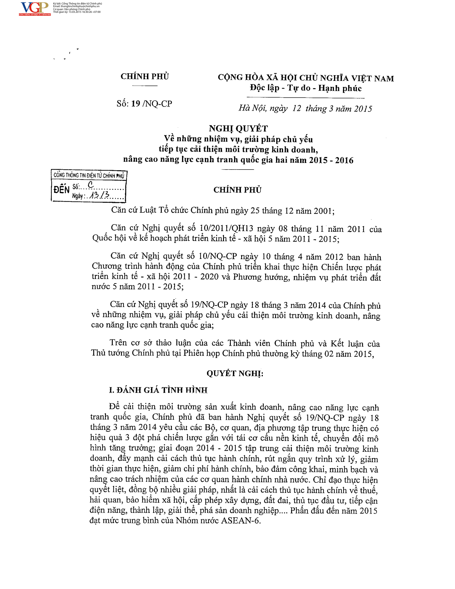 Trang 1 bản gốc 19/NQ-CP