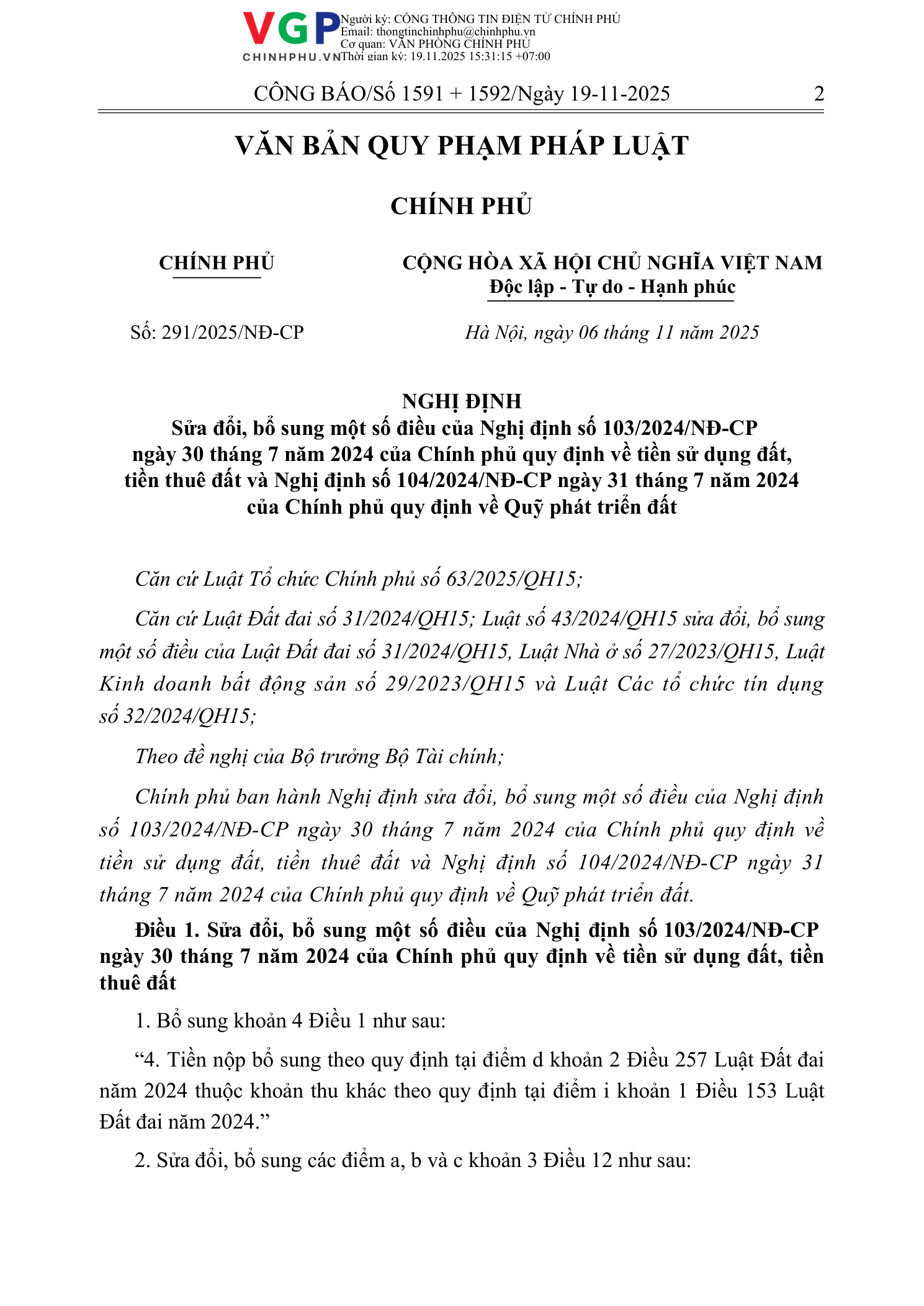 Trang 1 bản gốc 291/2025/NĐ-CP
